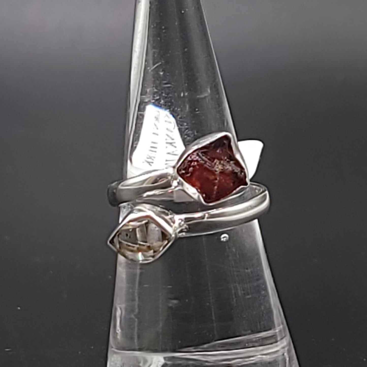 Herkimer Diamond & Garnet Duo Ring Sterling Silver Size 9 - Elevated Metaphysical