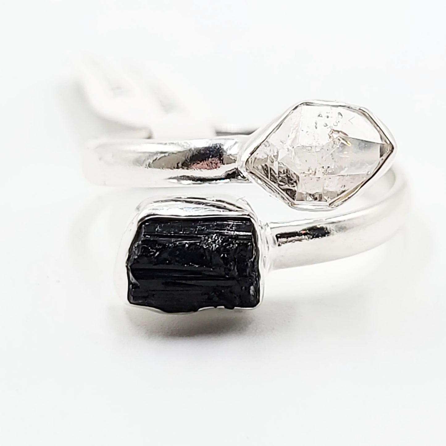 Herkimer Diamond & Black Tourmaline Duo Ring Sterling Silver Size 11 - Elevated Metaphysical