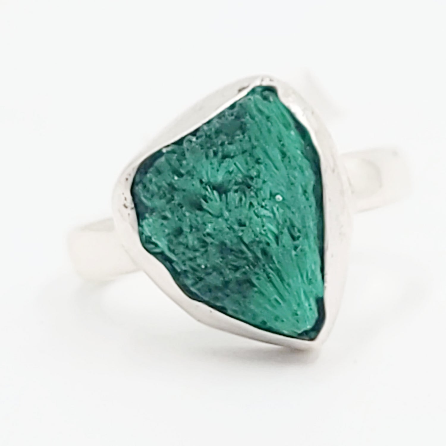 Silk Malachite Ring Sterling Silver Band Fibrous Druzy Size 8 - Elevated Metaphysical