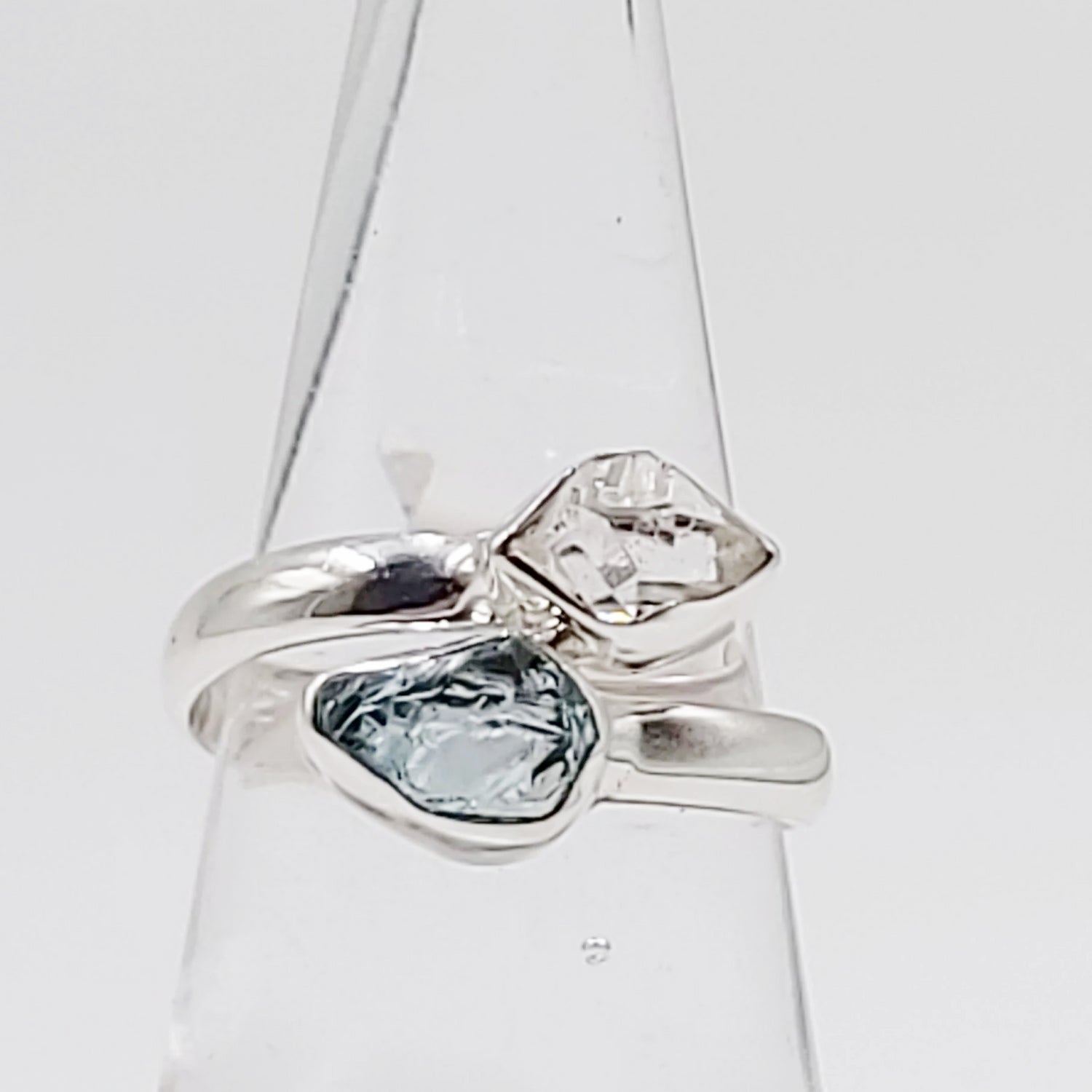 Herkimer Diamond & Aquamarine Duo Ring Sterling Silver Size 7 - Elevated Metaphysical