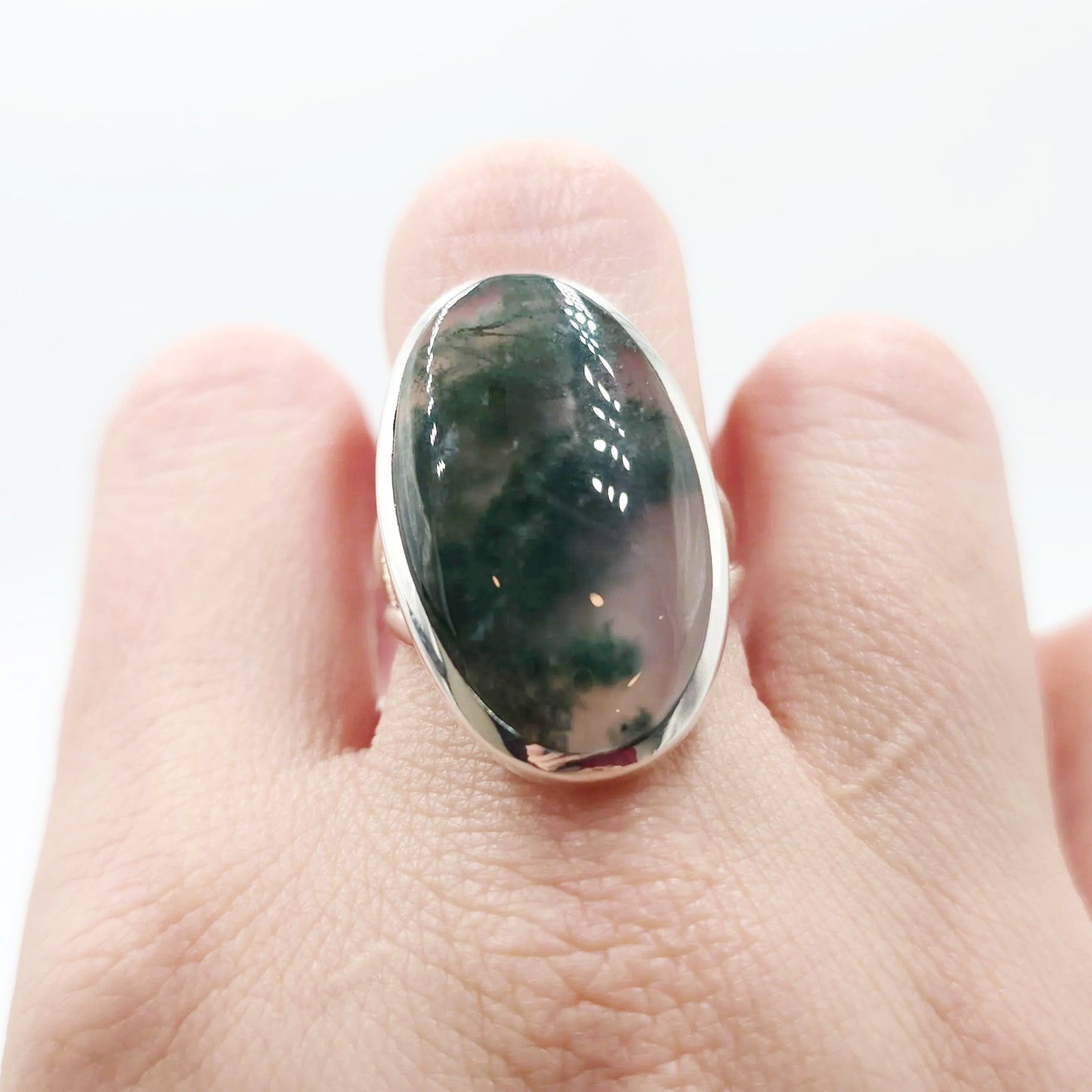 Moss Agate Ring Sterling Silver Band Size 8