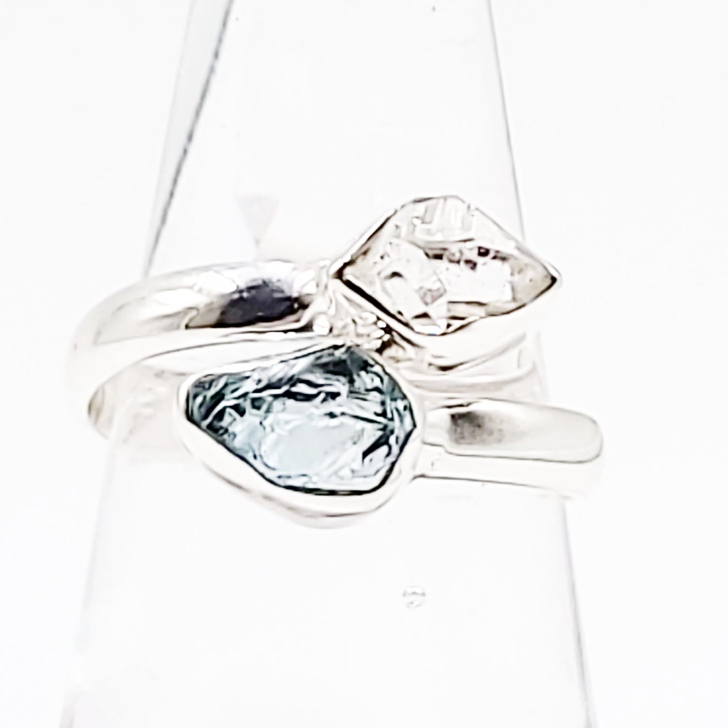 Herkimer Diamond & Aquamarine Duo Ring Sterling Silver Size 7 - Elevated Metaphysical