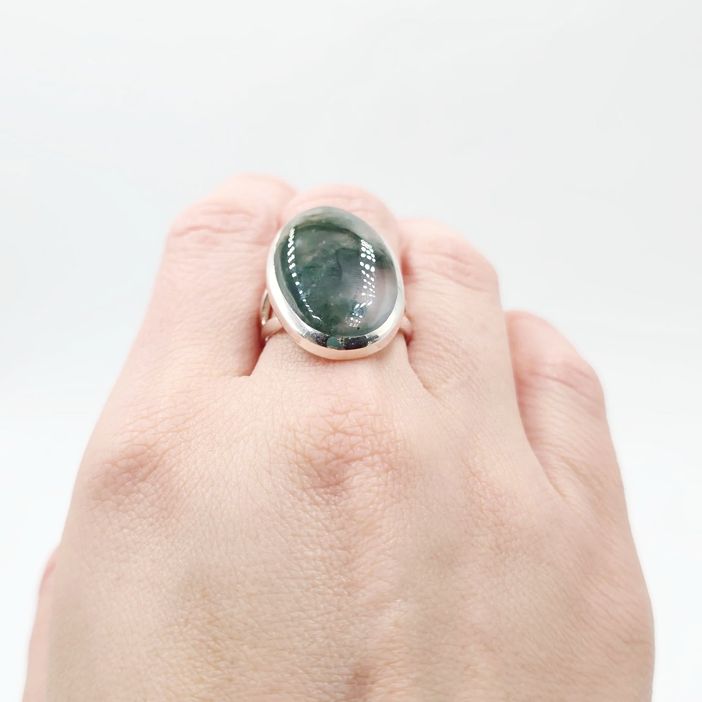 Moss Agate Ring Sterling Silver Band Size 6