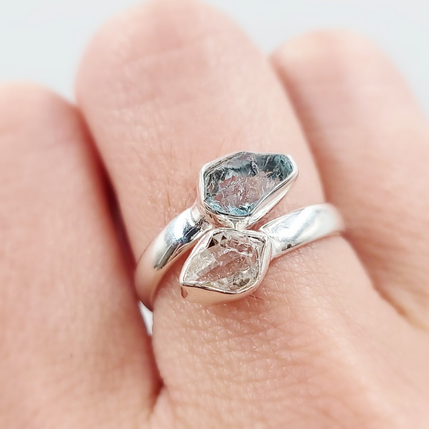 Herkimer Diamond & Aquamarine Duo Ring Sterling Silver Size 7 - Elevated Metaphysical