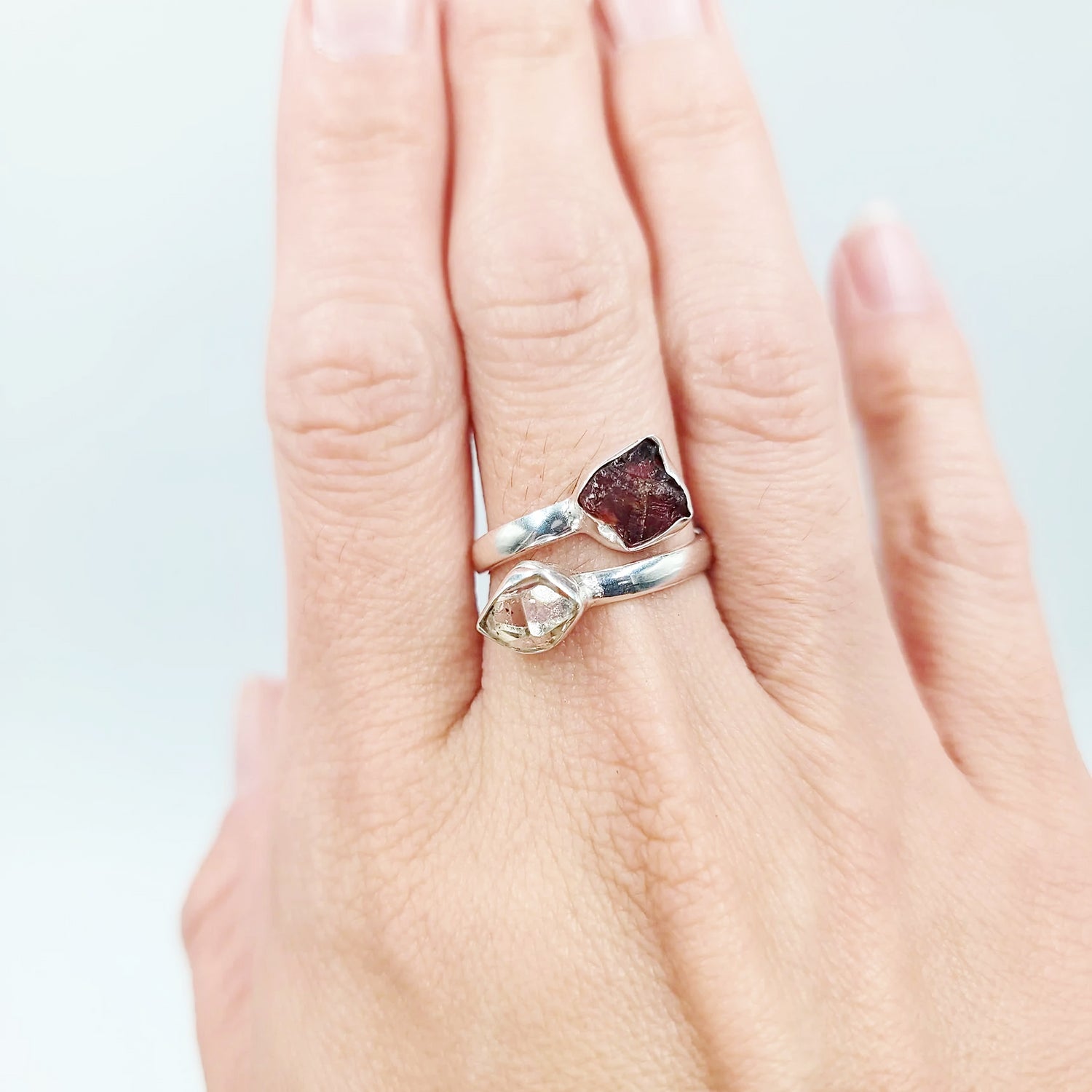 Herkimer Diamond & Garnet Duo Ring Sterling Silver Size 9 - Elevated Metaphysical