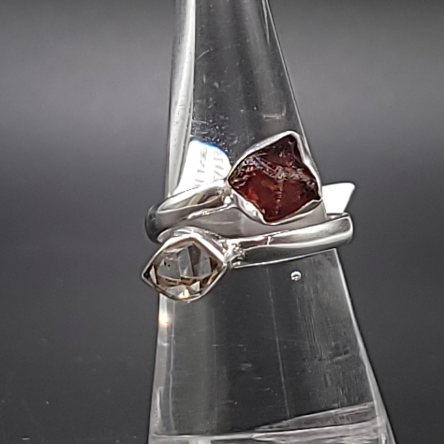 Herkimer Diamond & Garnet Duo Ring Sterling Silver Size 9 - Elevated Metaphysical