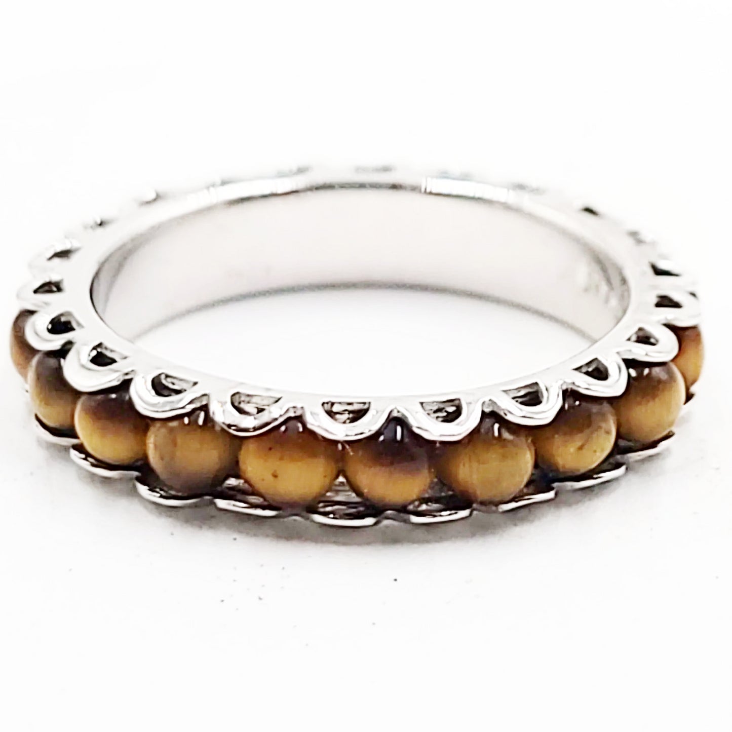 Tiger Eye Bead Ring Sterling Silver Band Size 8.5 - Elevated Metaphysical