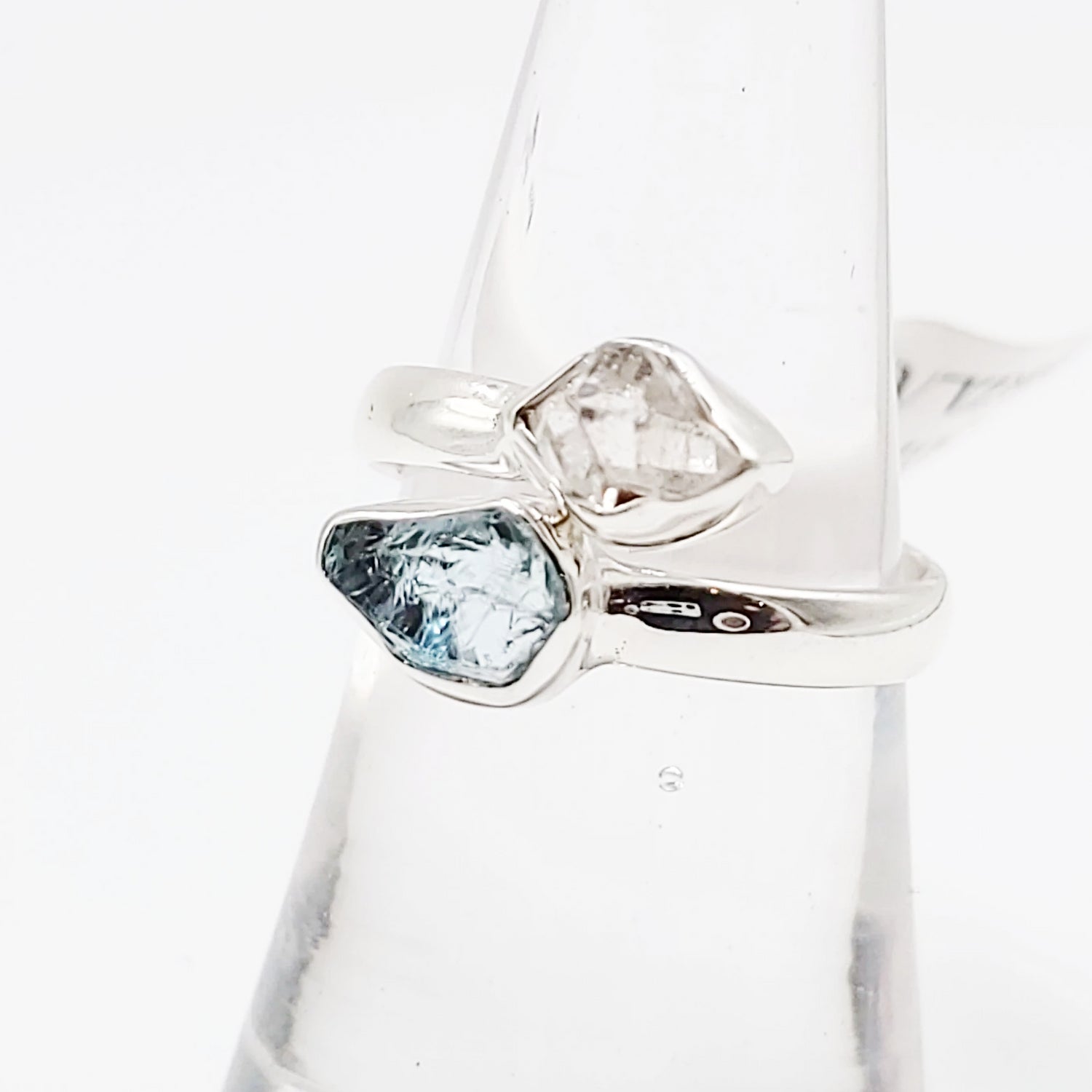 Herkimer Diamond & Aquamarine Duo Ring Sterling Silver Size 7 - Elevated Metaphysical