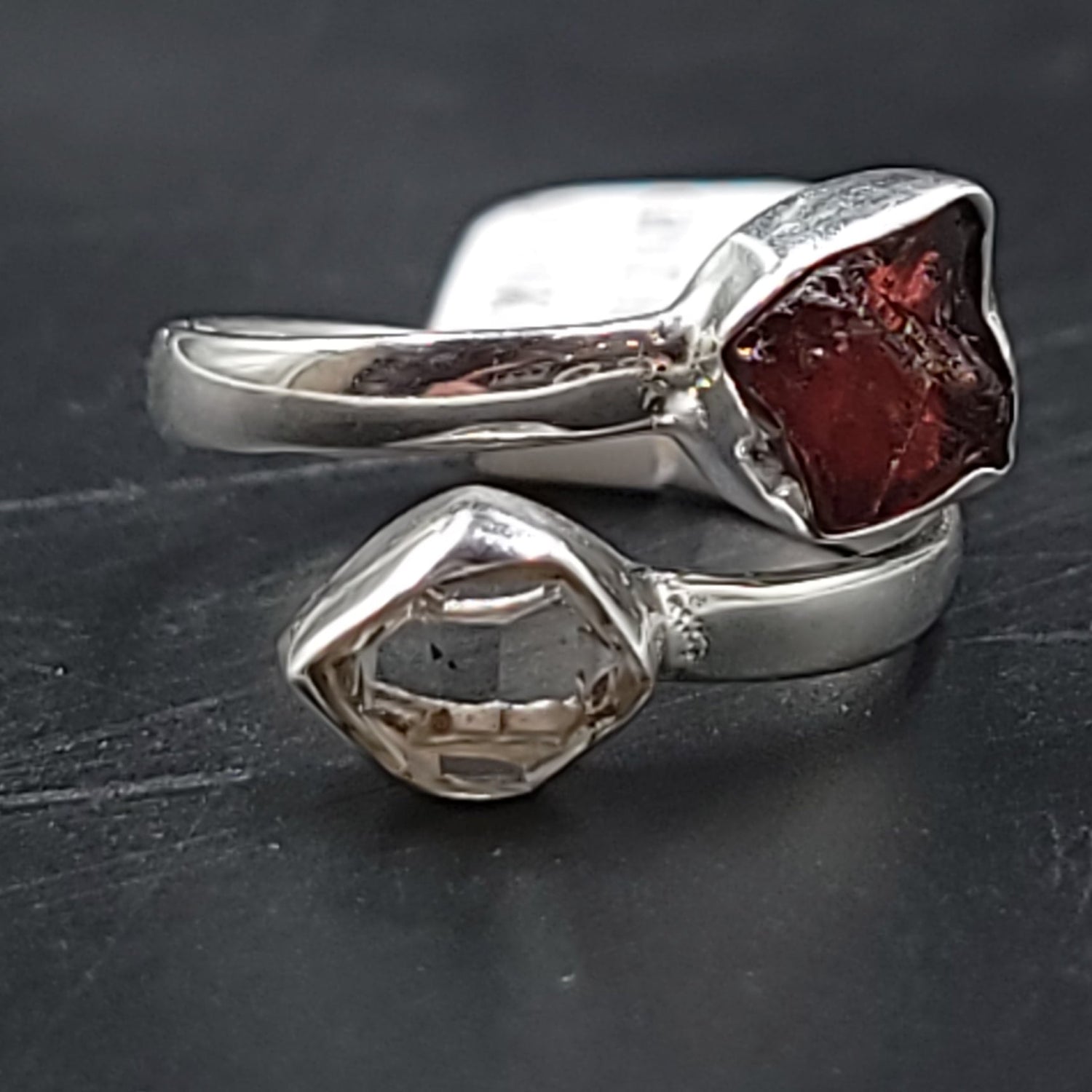 Herkimer Diamond & Garnet Duo Ring Sterling Silver Size 9 - Elevated Metaphysical