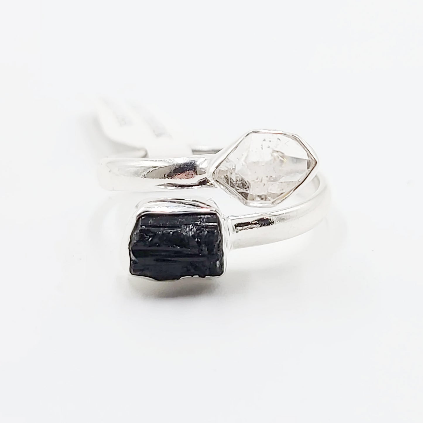 Herkimer Diamond & Black Tourmaline Duo Ring Sterling Silver Size 11 - Elevated Metaphysical