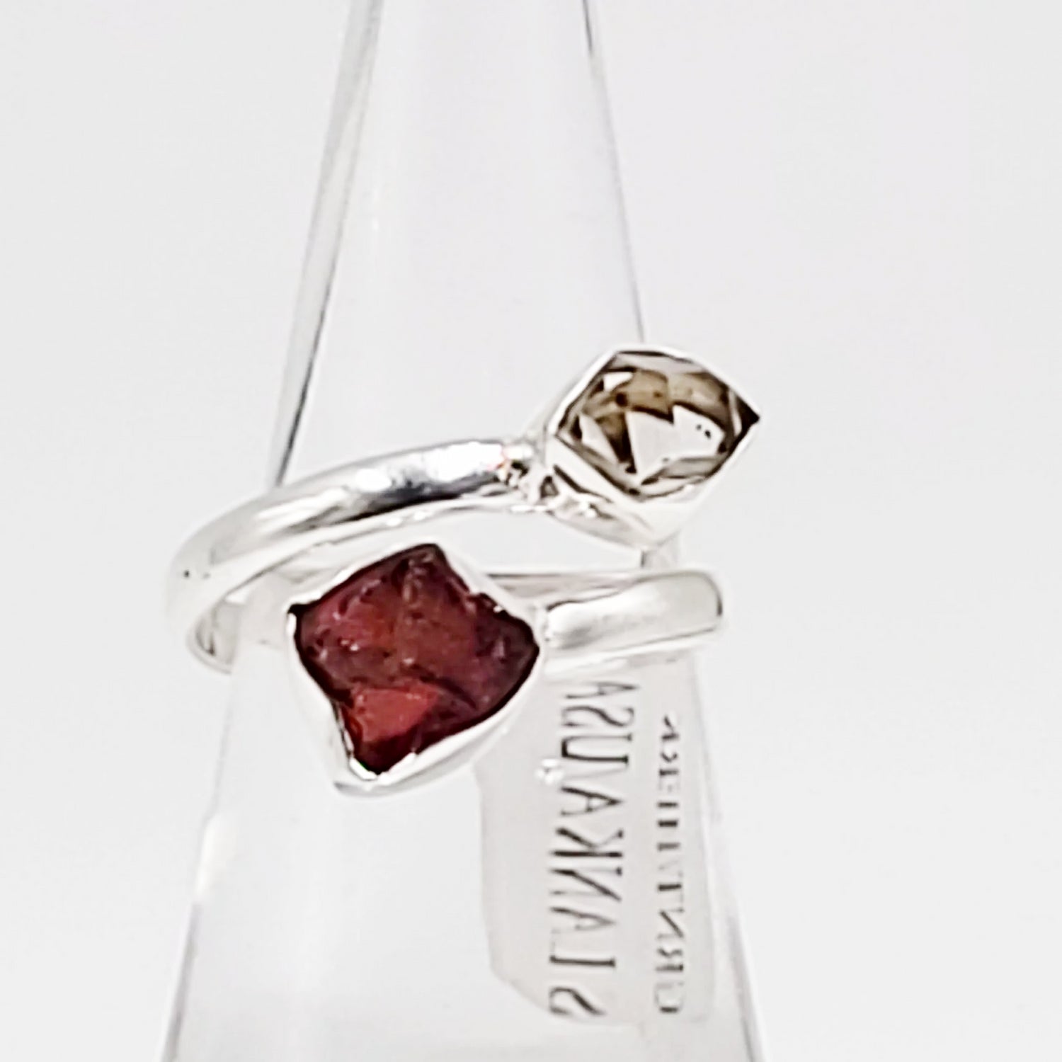 Herkimer Diamond & Garnet Duo Ring Sterling Silver Size 9 - Elevated Metaphysical