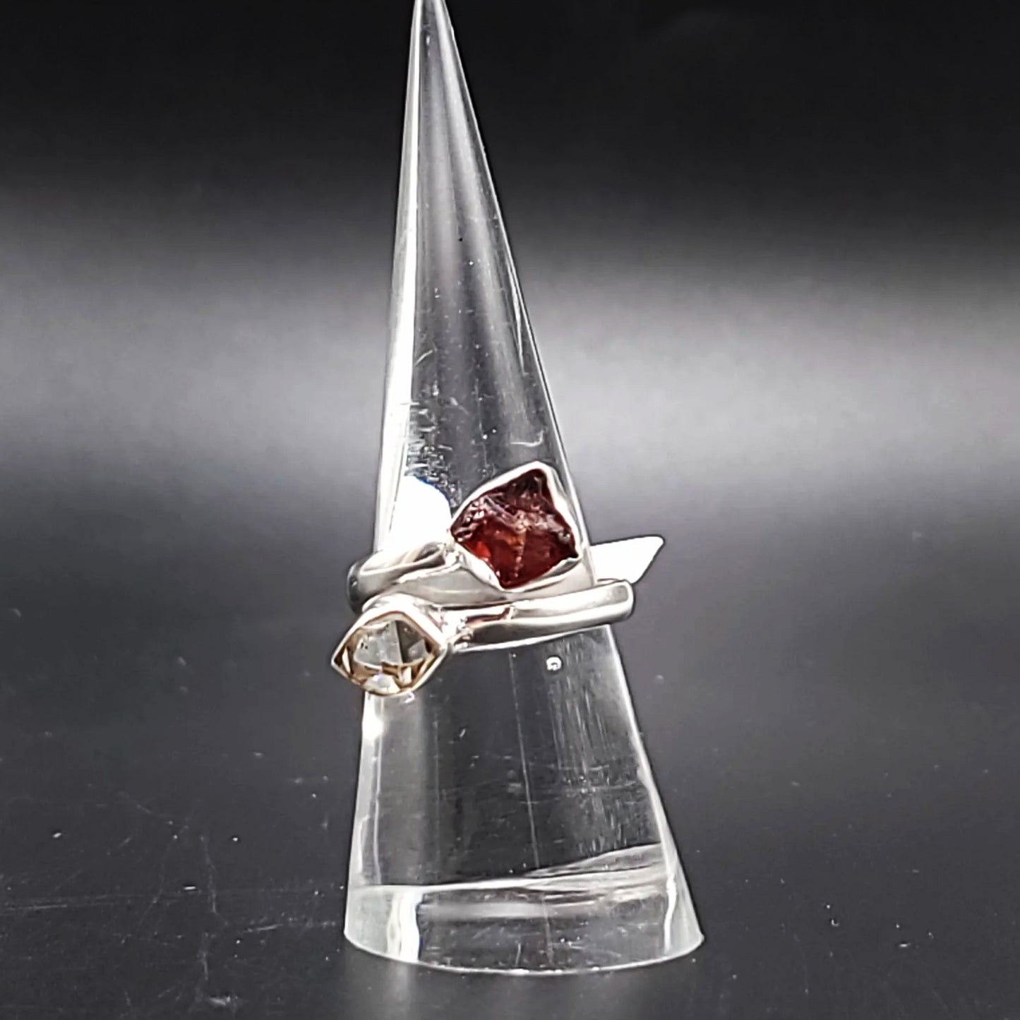 Herkimer Diamond & Garnet Duo Ring Sterling Silver Size 9 - Elevated Metaphysical