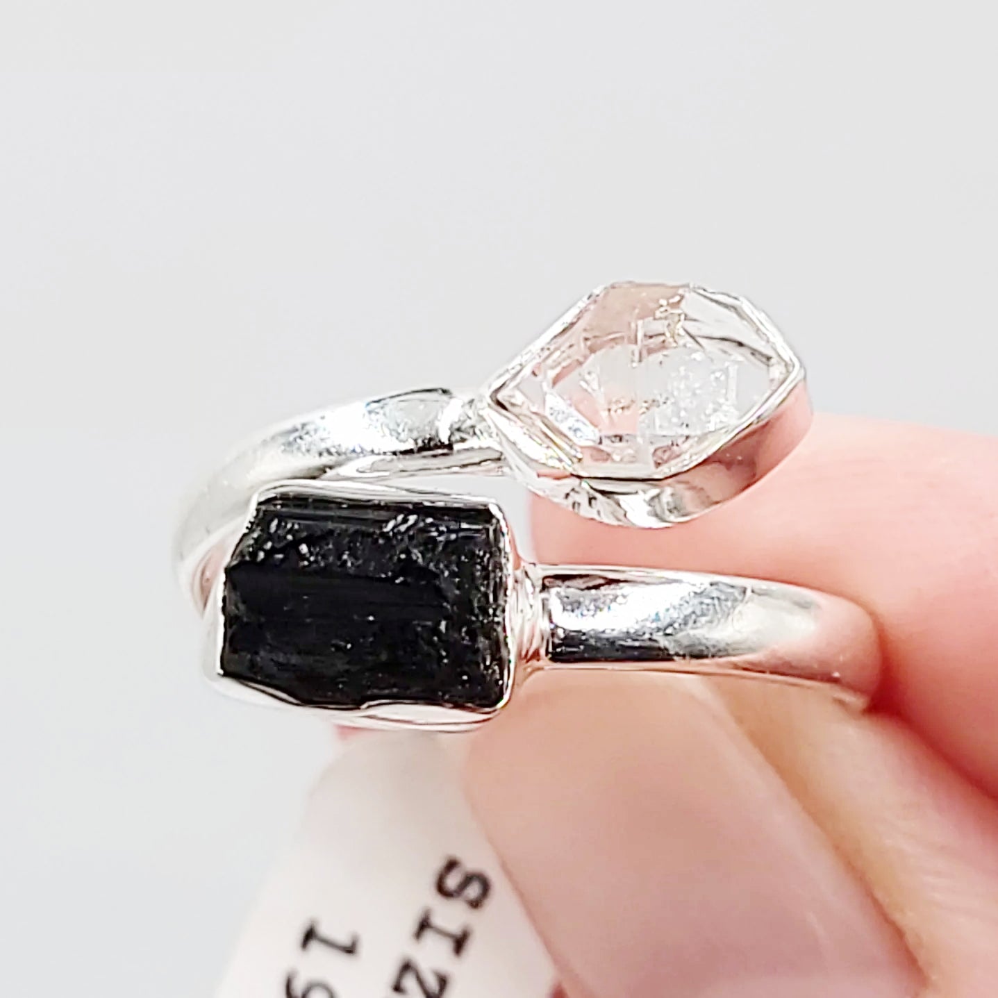 Herkimer Diamond & Black Tourmaline Duo Ring Sterling Silver Size 11 - Elevated Metaphysical