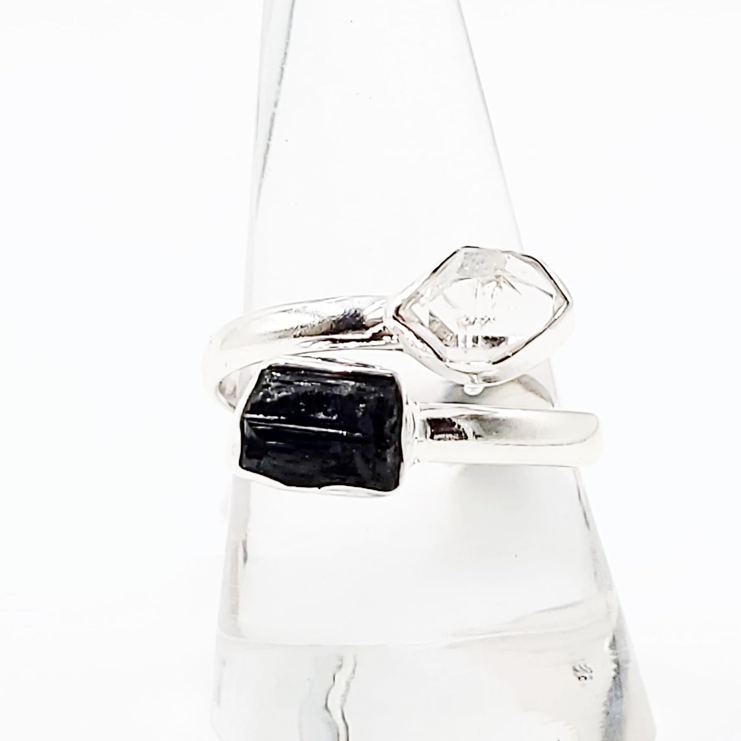 Herkimer Diamond & Black Tourmaline Duo Ring Sterling Silver Size 11 - Elevated Metaphysical