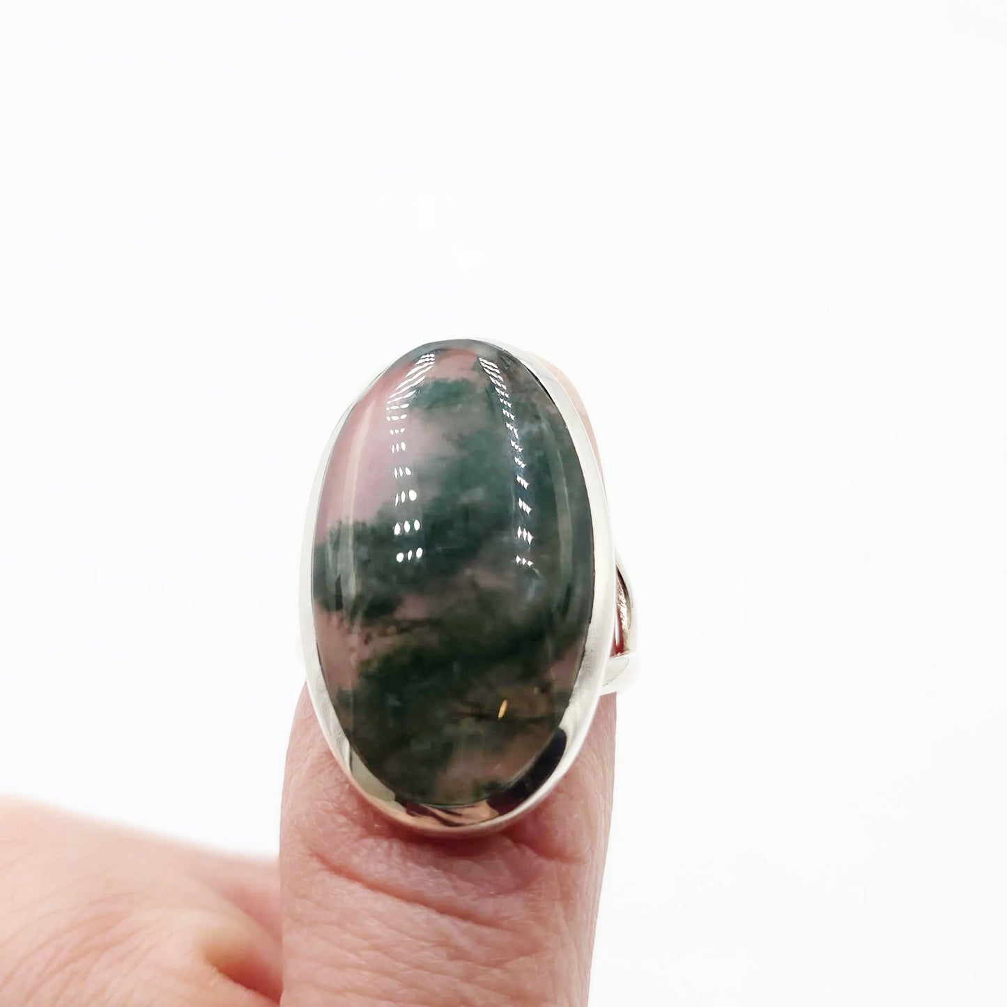 Moss Agate Ring Sterling Silver Band Size 6