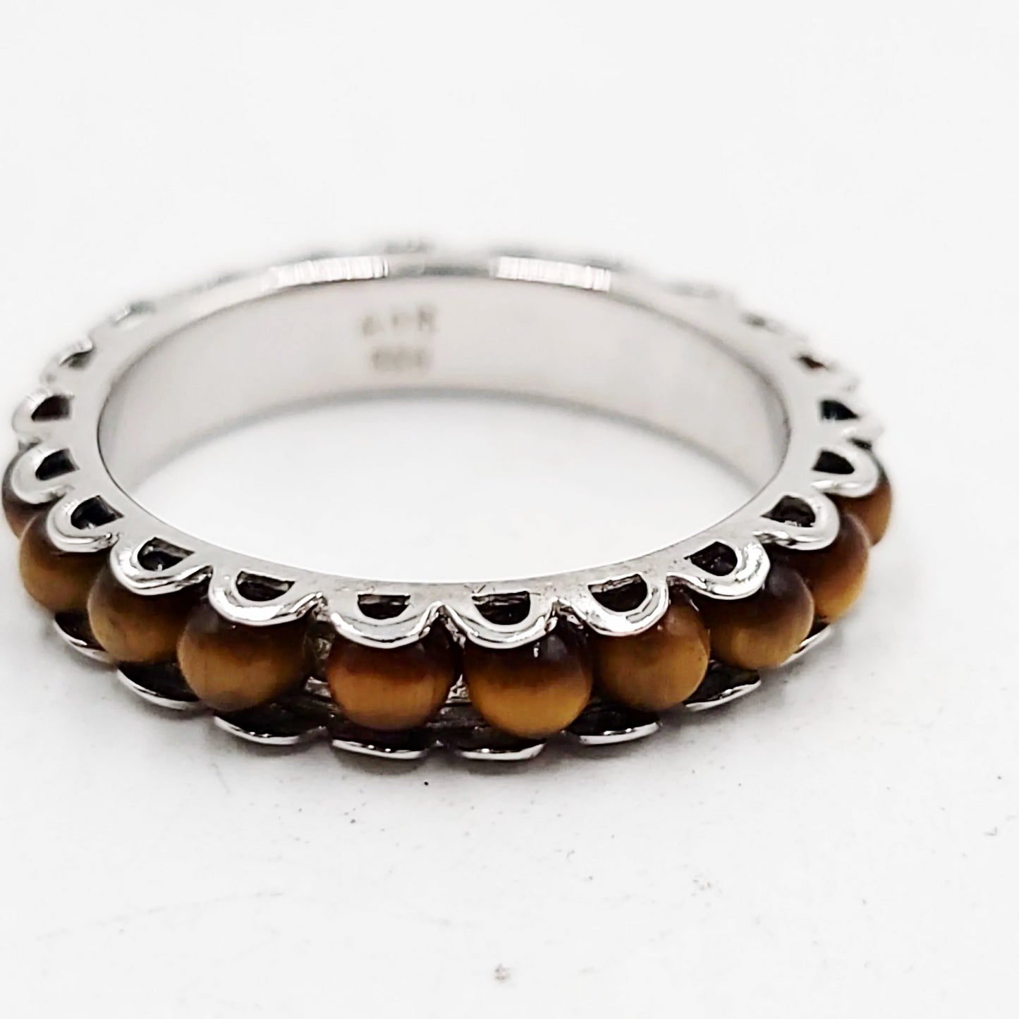 Tiger Eye Bead Ring Sterling Silver Band Size 8.5 - Elevated Metaphysical