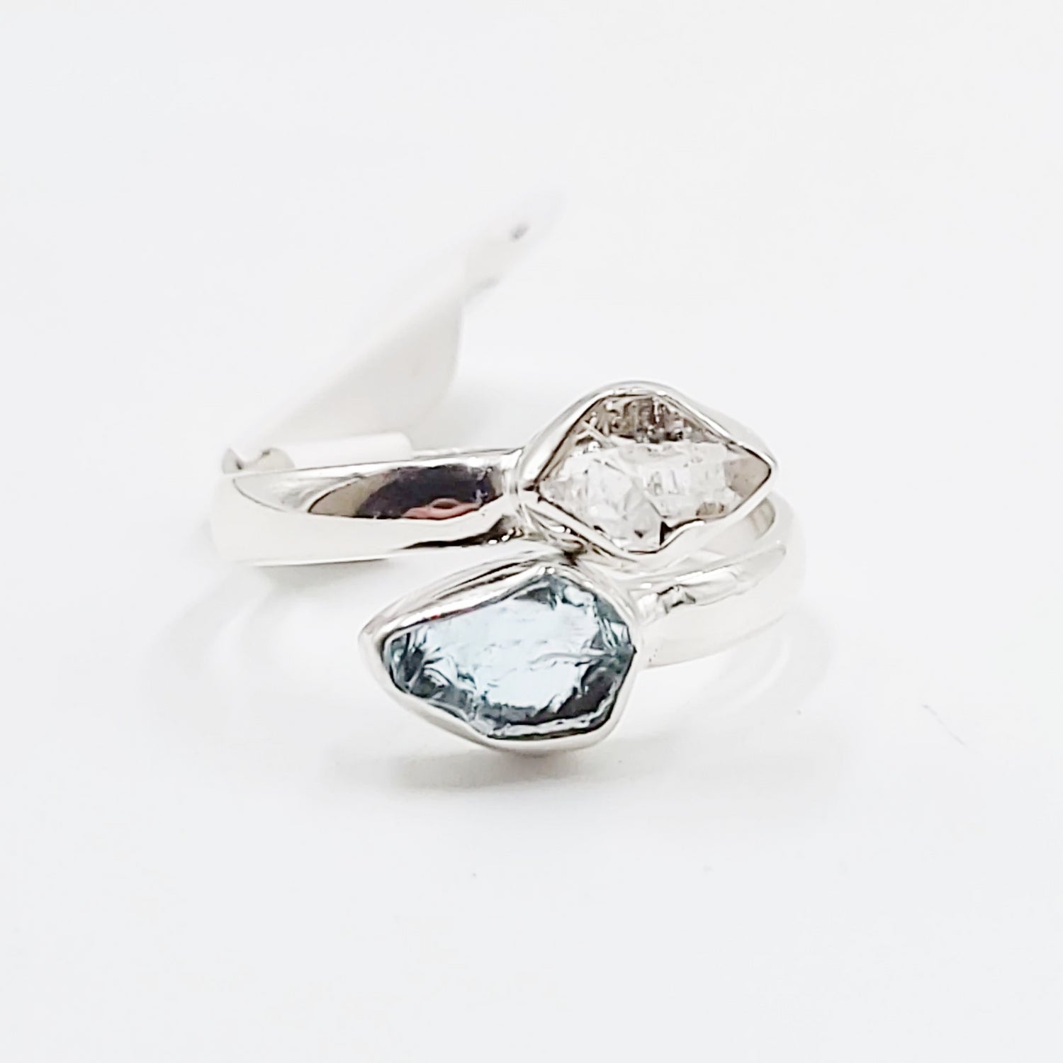 Herkimer Diamond & Aquamarine Duo Ring Sterling Silver Size 7 - Elevated Metaphysical