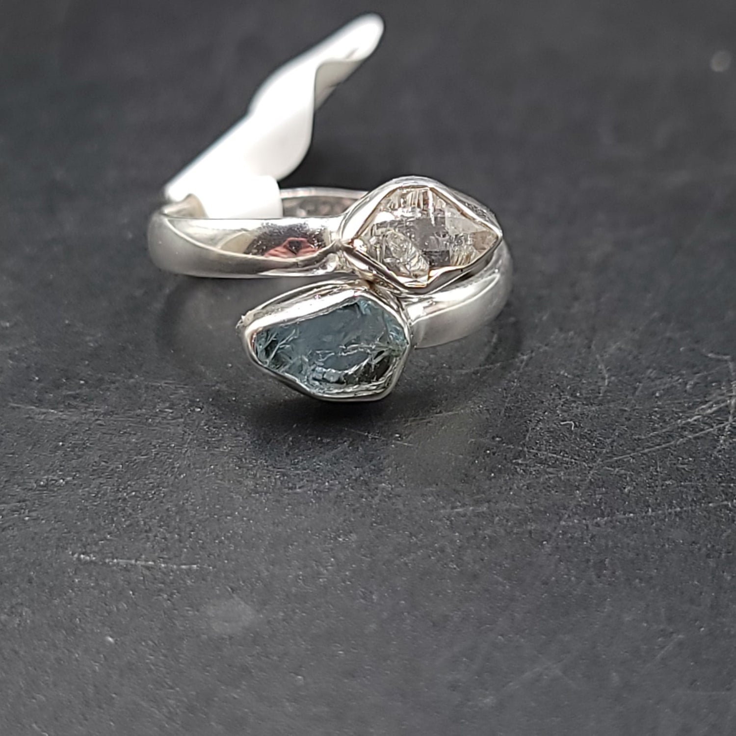 Herkimer Diamond & Aquamarine Duo Ring Sterling Silver Size 7 - Elevated Metaphysical