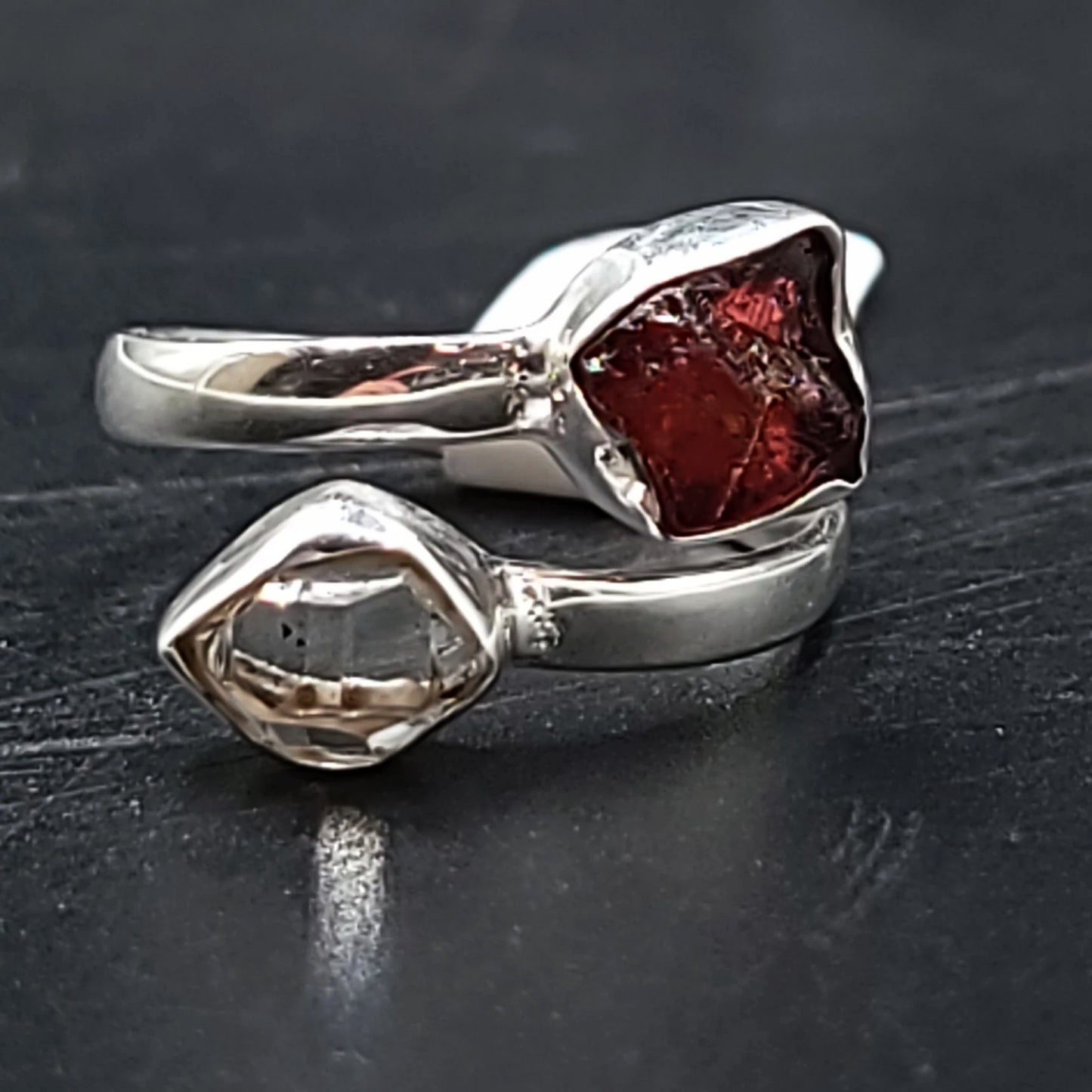 Herkimer Diamond & Garnet Duo Ring Sterling Silver Size 9 - Elevated Metaphysical