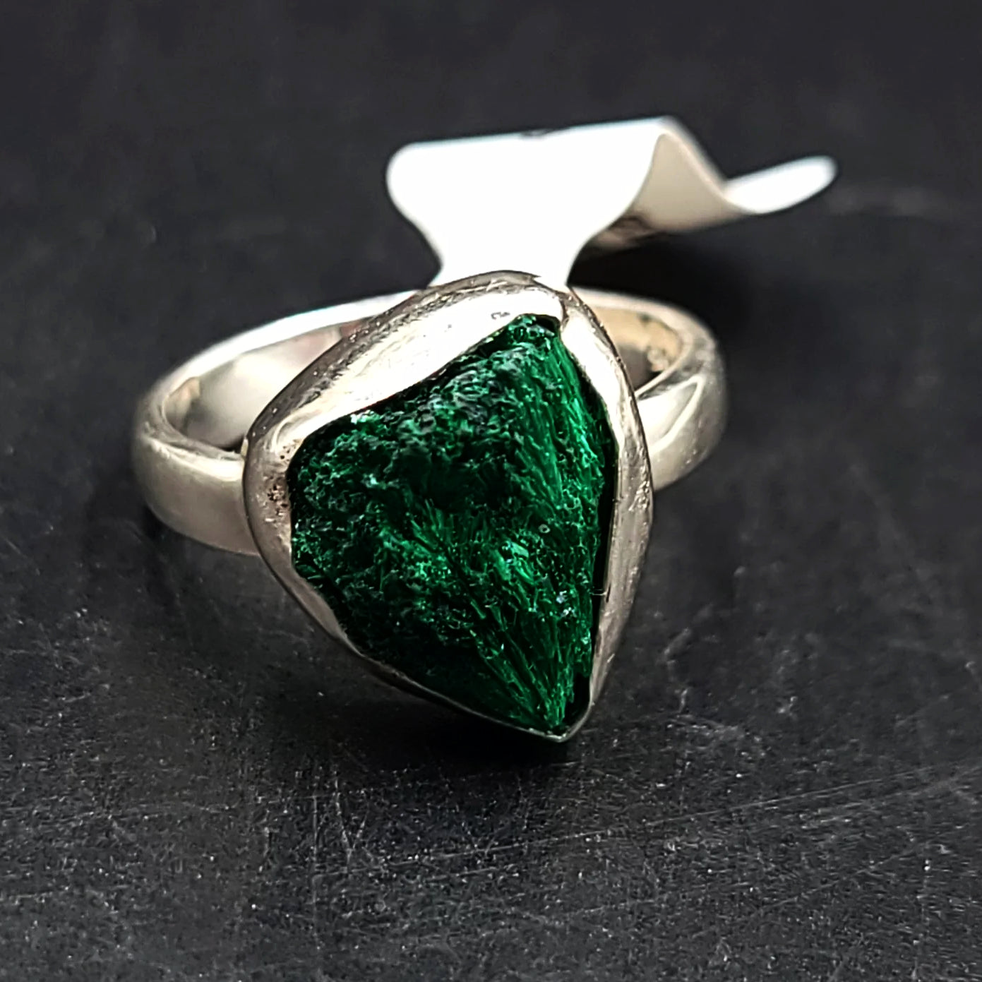 Silk Malachite Ring Sterling Silver Band Fibrous Druzy Size 8 - Elevated Metaphysical