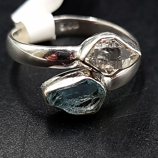 Herkimer Diamond & Aquamarine Duo Ring Sterling Silver Size 7 - Elevated Metaphysical