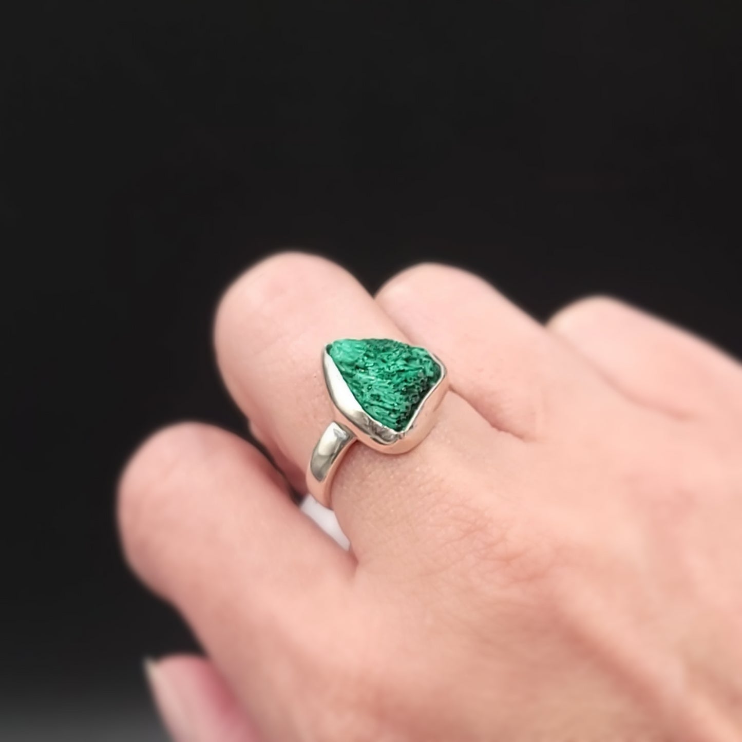 Silk Malachite Ring Sterling Silver Band Fibrous Druzy Size 8 - Elevated Metaphysical