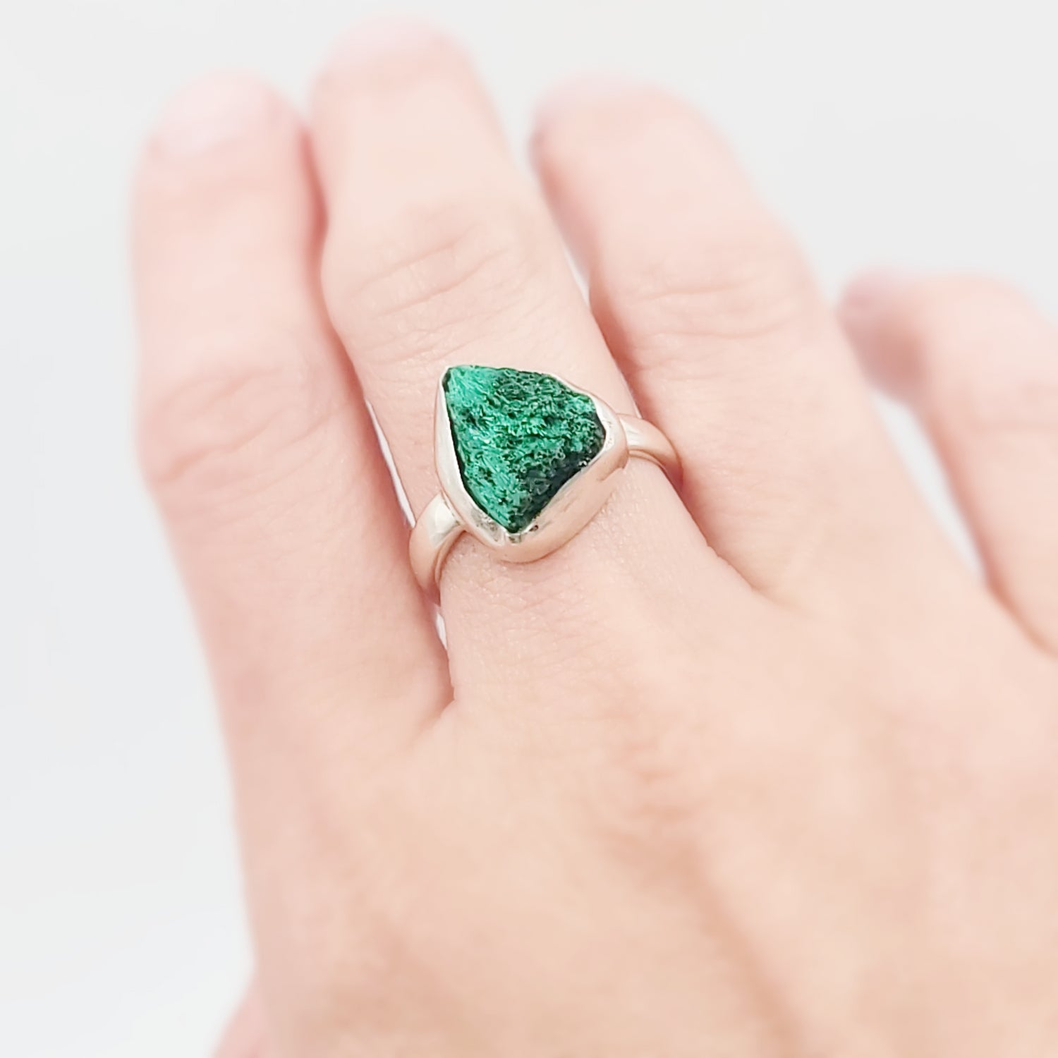 Silk Malachite Ring Sterling Silver Band Fibrous Druzy Size 8 - Elevated Metaphysical