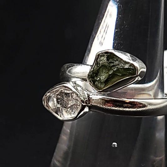 Herkimer Diamond & Moldavite Duo Ring Sterling Silver Size 8