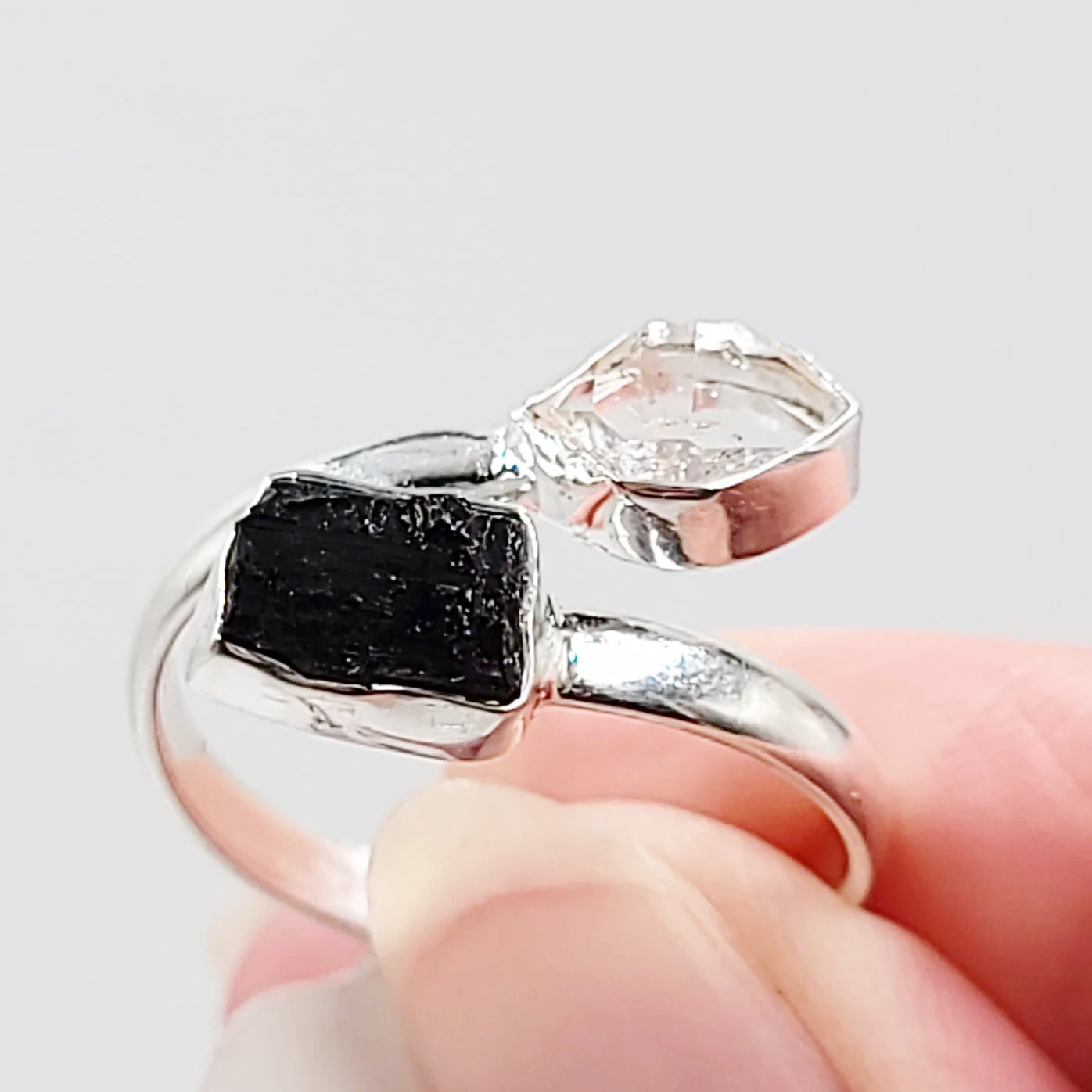 Herkimer Diamond & Black Tourmaline Duo Ring Sterling Silver Size 11 - Elevated Metaphysical