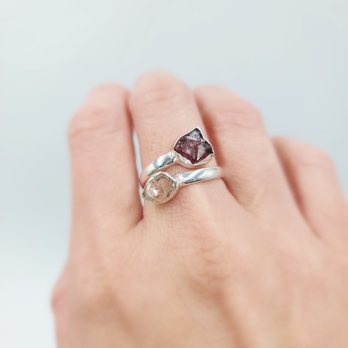 Herkimer Diamond & Garnet Duo Ring Sterling Silver Size 9 - Elevated Metaphysical