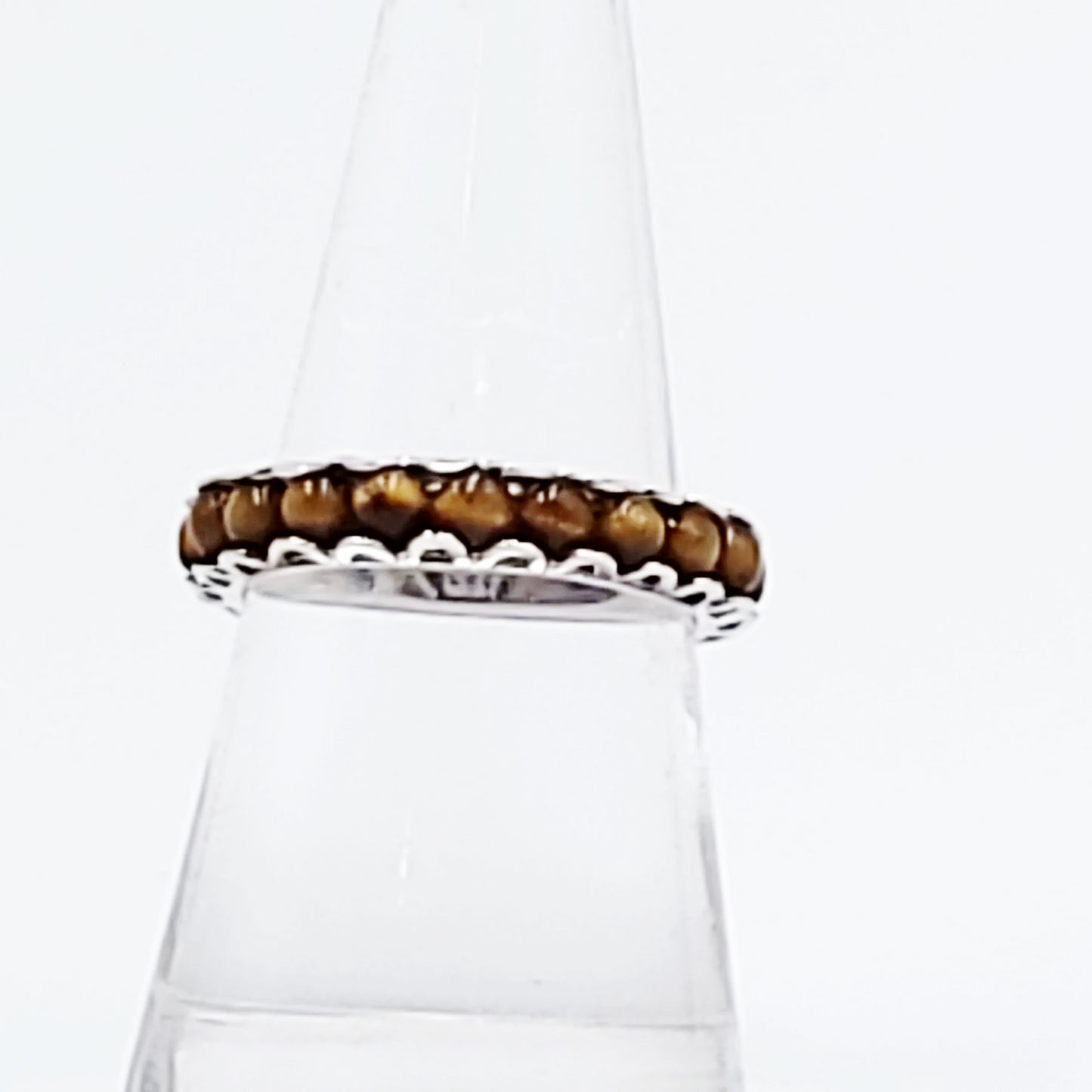 Tiger Eye Bead Ring Sterling Silver Band Size 8.5 - Elevated Metaphysical