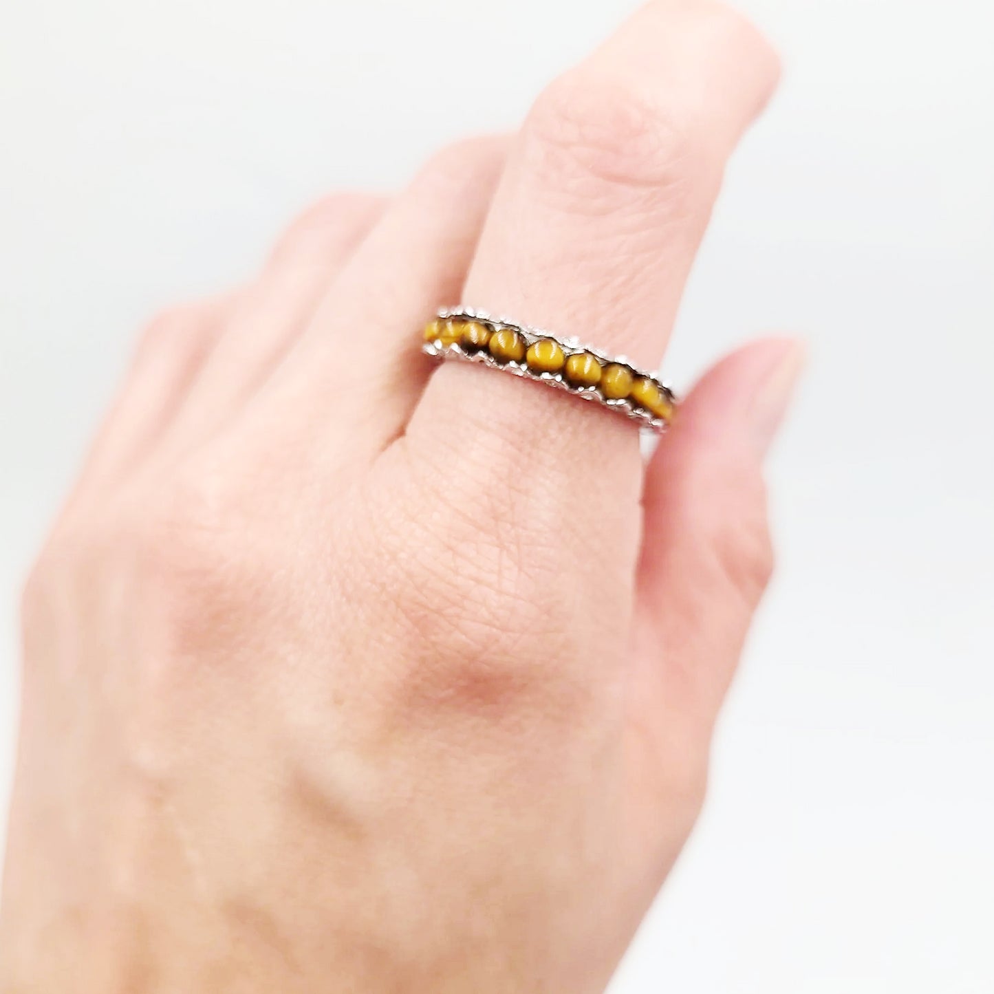 Tiger Eye Bead Ring Sterling Silver Band Size 8.5 - Elevated Metaphysical