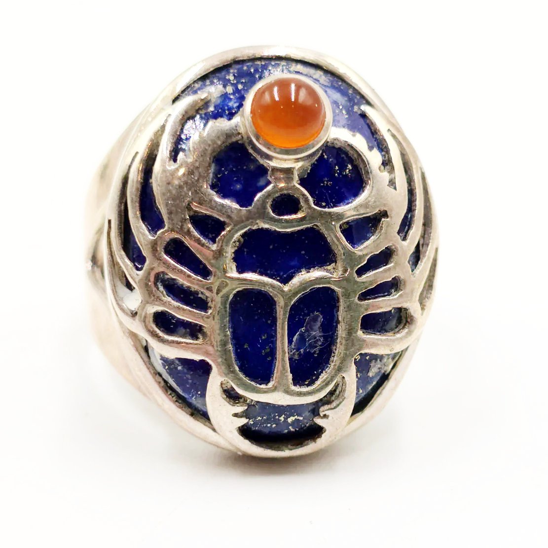 Scarab Ring Lapis Lazuli & Carnelian in Sterling Silver Size 9 - Elevated Metaphysical