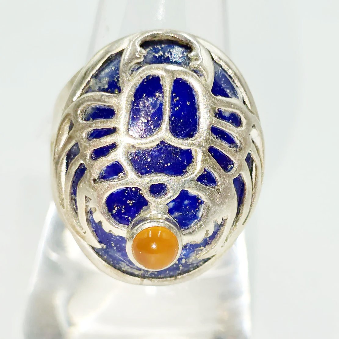 Scarab Ring Lapis Lazuli & Carnelian in Sterling Silver Size 9 - Elevated Metaphysical