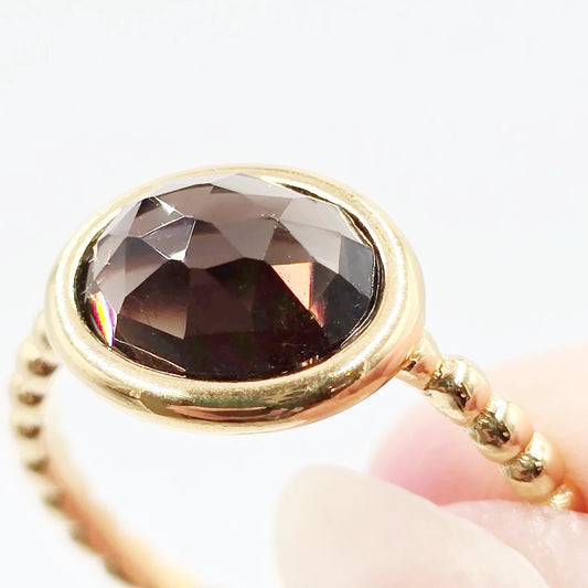Smoky Quartz Faceted Dome Ring Rope Band Gold Vermeil Sterling Silver Solitaire Size 6