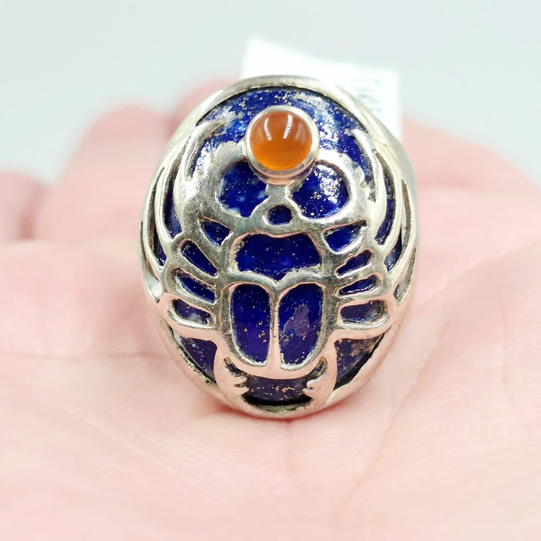 Scarab Ring Lapis Lazuli & Carnelian in Sterling Silver Size 9 - Elevated Metaphysical