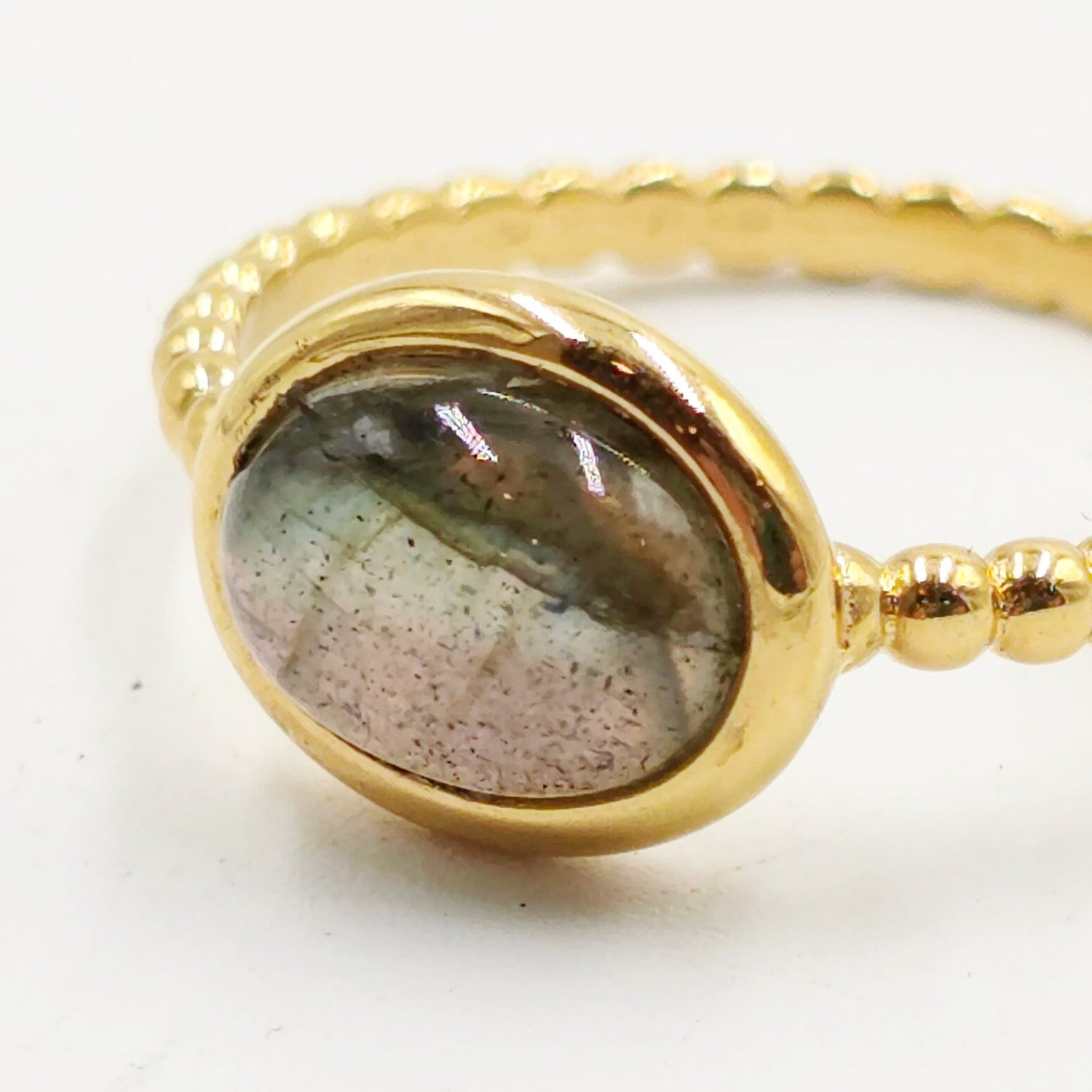 Labradorite Dome Ring Rope Band Gold Vermeil Sterling Silver Solitaire Size 9 - Elevated Metaphysical