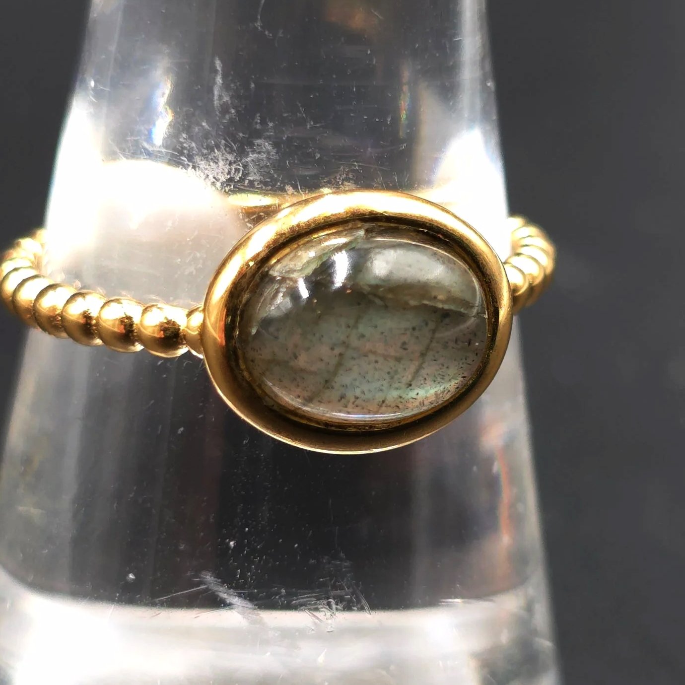 Labradorite Dome Ring Rope Band Gold Vermeil Sterling Silver Solitaire Size 9 - Elevated Metaphysical