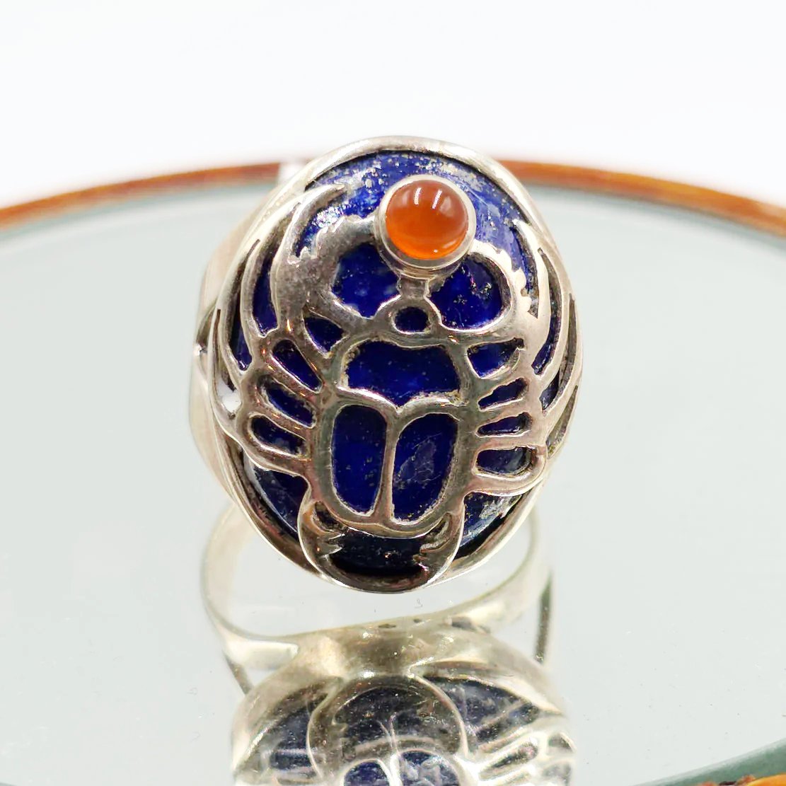 Scarab Ring Lapis Lazuli & Carnelian in Sterling Silver Size 9 - Elevated Metaphysical
