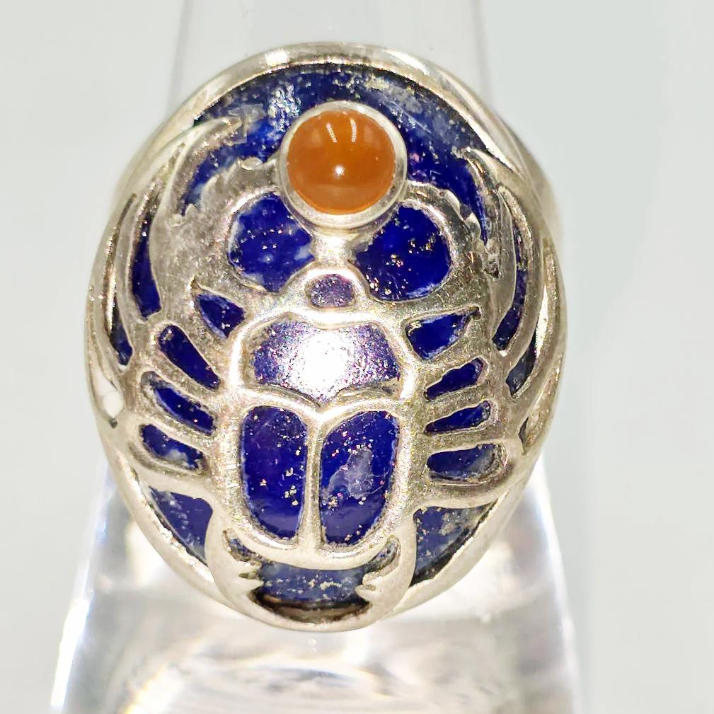 Scarab Ring Lapis Lazuli & Carnelian in Sterling Silver Size 9 - Elevated Metaphysical