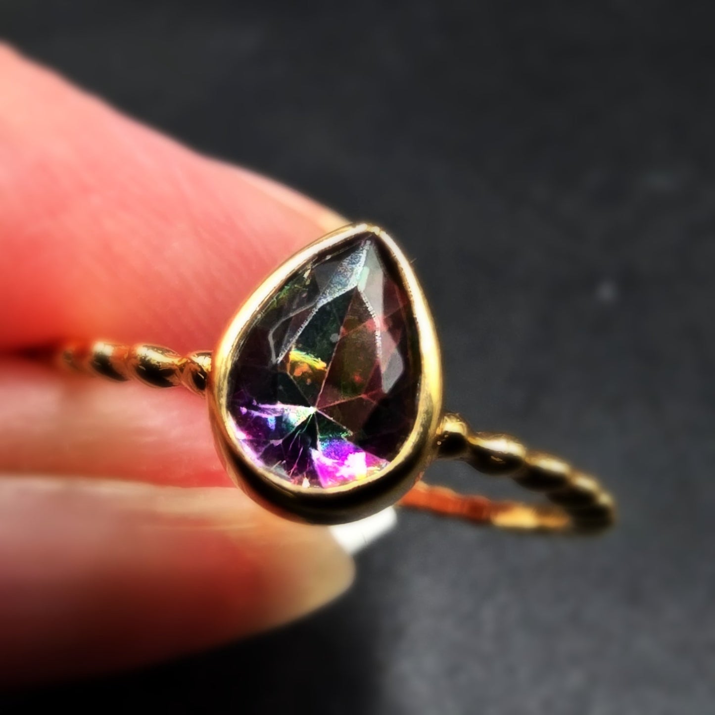 Mystic Quartz Pear Ring .75ct Rope Band Gold Vermeil Sterling Silver Solitaire Size 8