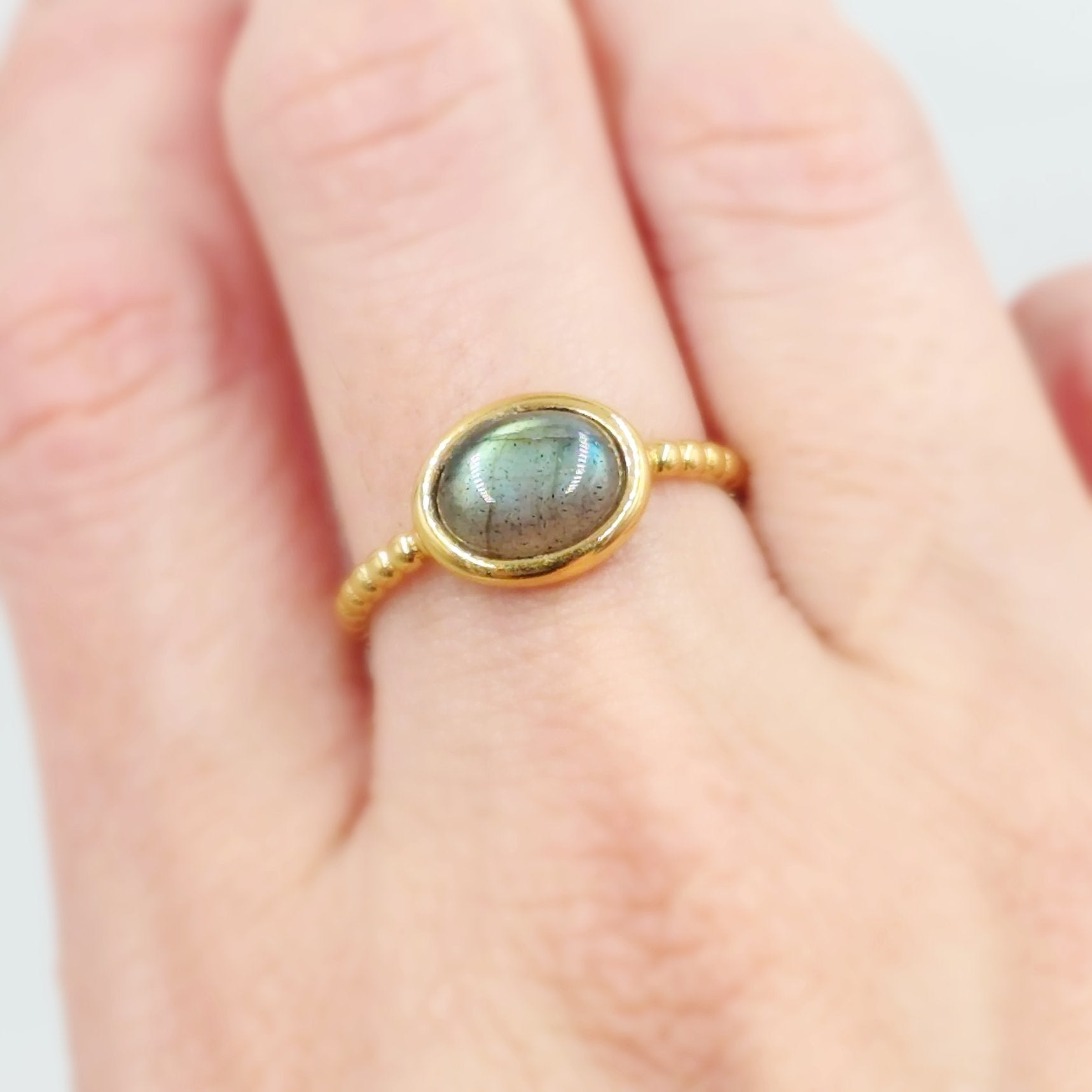 Labradorite Dome Ring Rope Band Gold Vermeil Sterling Silver Solitaire Size 9 - Elevated Metaphysical