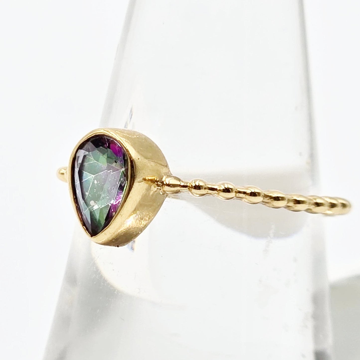 Mystic Quartz Pear Ring .75ct Rope Band Gold Vermeil Sterling Silver Solitaire Size 8