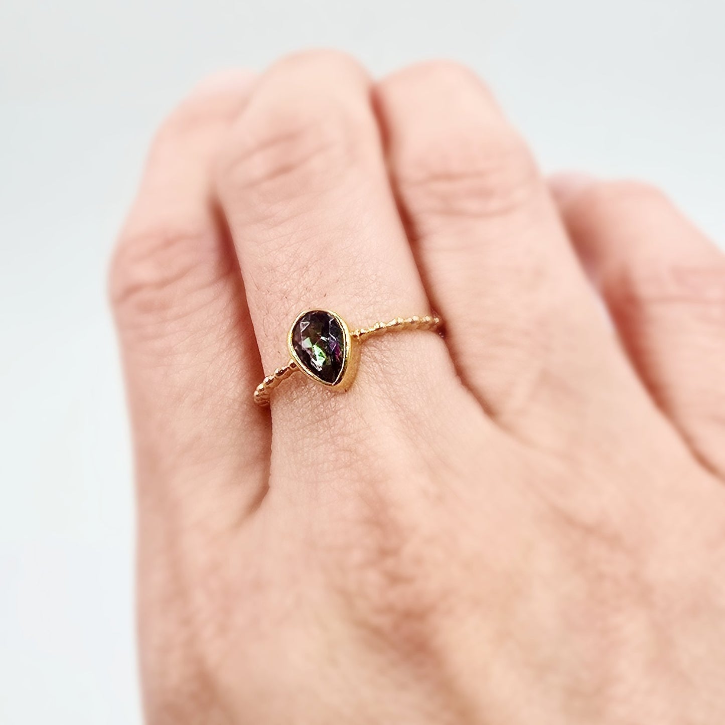 Mystic Quartz Pear Ring .75ct Rope Band Gold Vermeil Sterling Silver Solitaire Size 8