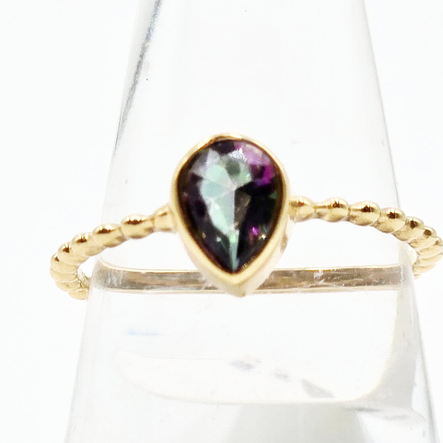 Mystic Quartz Pear Ring .75ct Rope Band Gold Vermeil Sterling Silver Solitaire Size 8