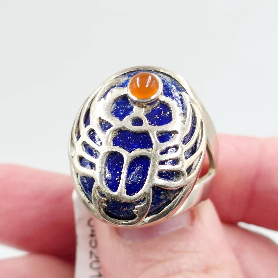 Scarab Ring Lapis Lazuli & Carnelian in Sterling Silver Size 9 - Elevated Metaphysical
