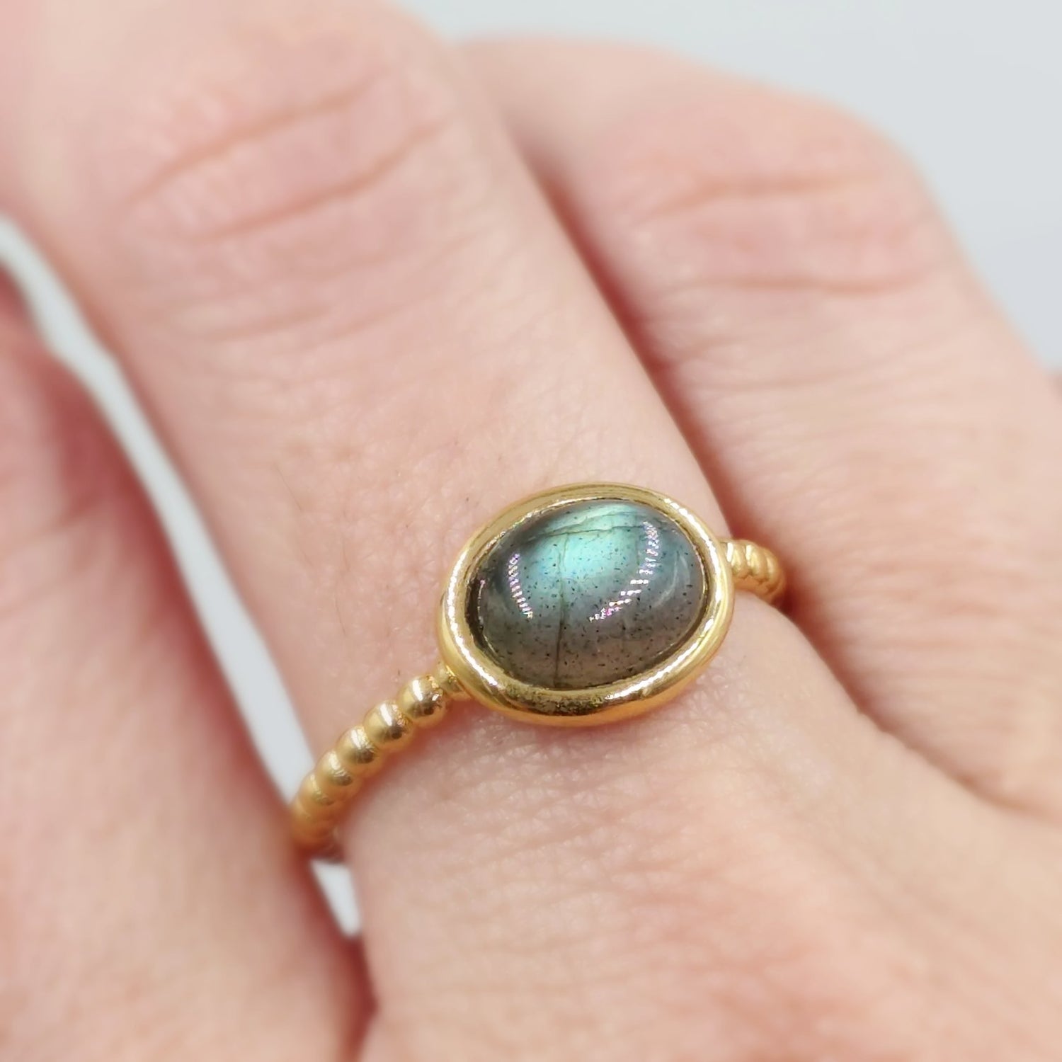 Labradorite Dome Ring Rope Band Gold Vermeil Sterling Silver Solitaire Size 9 - Elevated Metaphysical