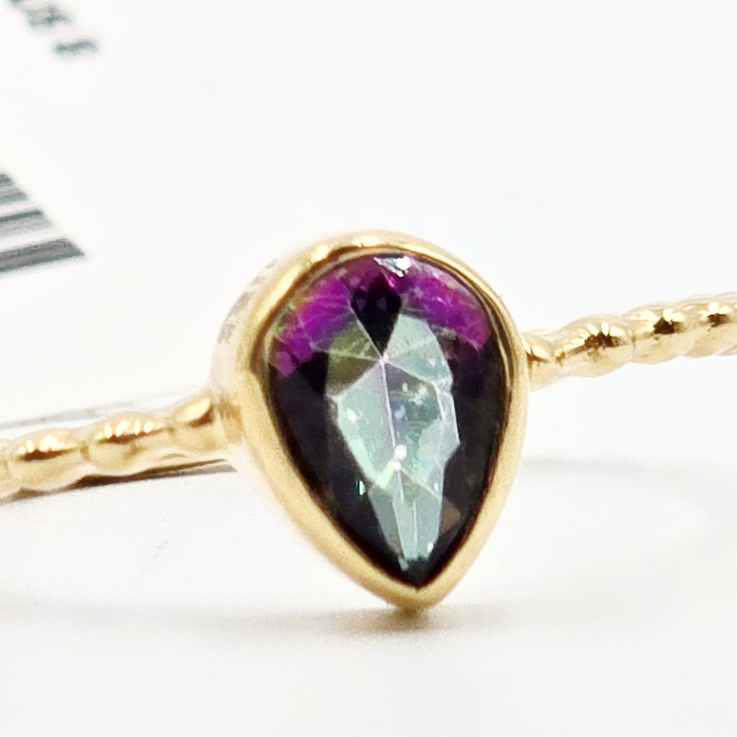 Mystic Quartz Pear Ring .75ct Rope Band Gold Vermeil Sterling Silver Solitaire Size 8