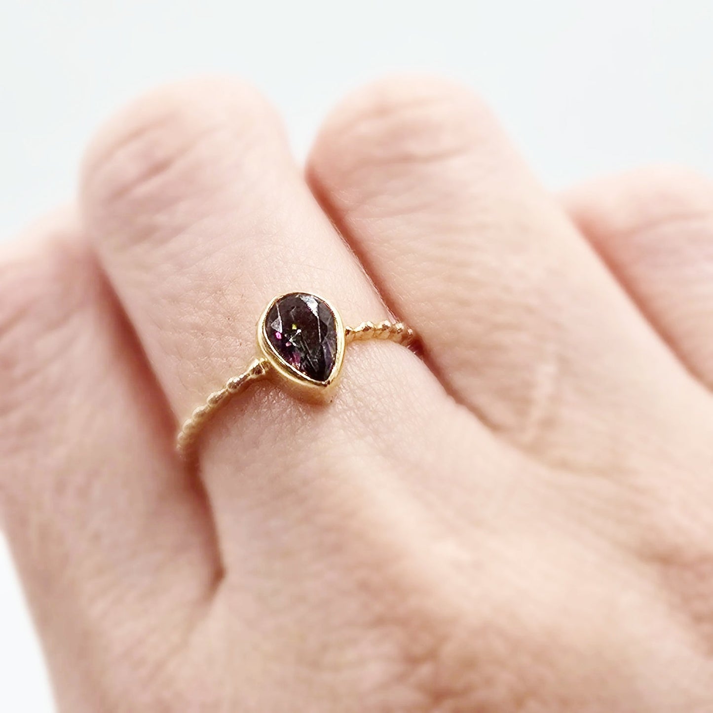 Mystic Quartz Pear Ring .75ct Rope Band Gold Vermeil Sterling Silver Solitaire Size 8