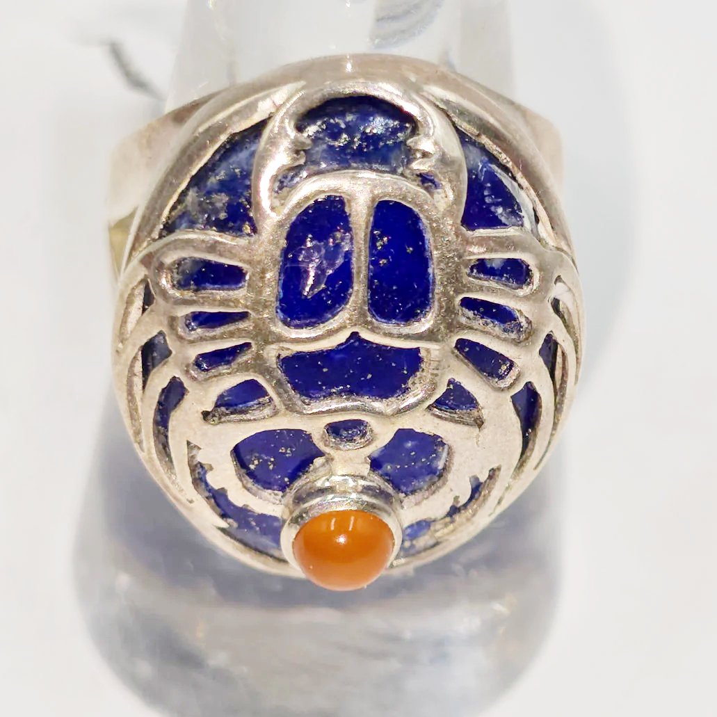 Scarab Ring Lapis Lazuli & Carnelian in Sterling Silver Size 9 - Elevated Metaphysical